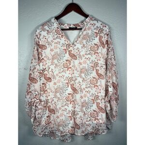 Papermoon Womens 2X Paisley Floral Chiffon V-Neck Tab Sleeve Lined Blouse Top